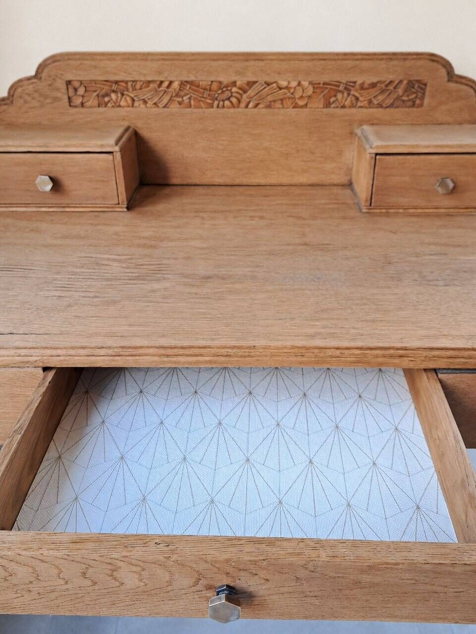Art Deco oak desk, stripped finish, console size, 3 drawers.
