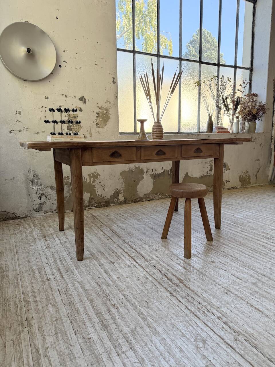 1950s pine and oak farmhouse table with multiple drawers