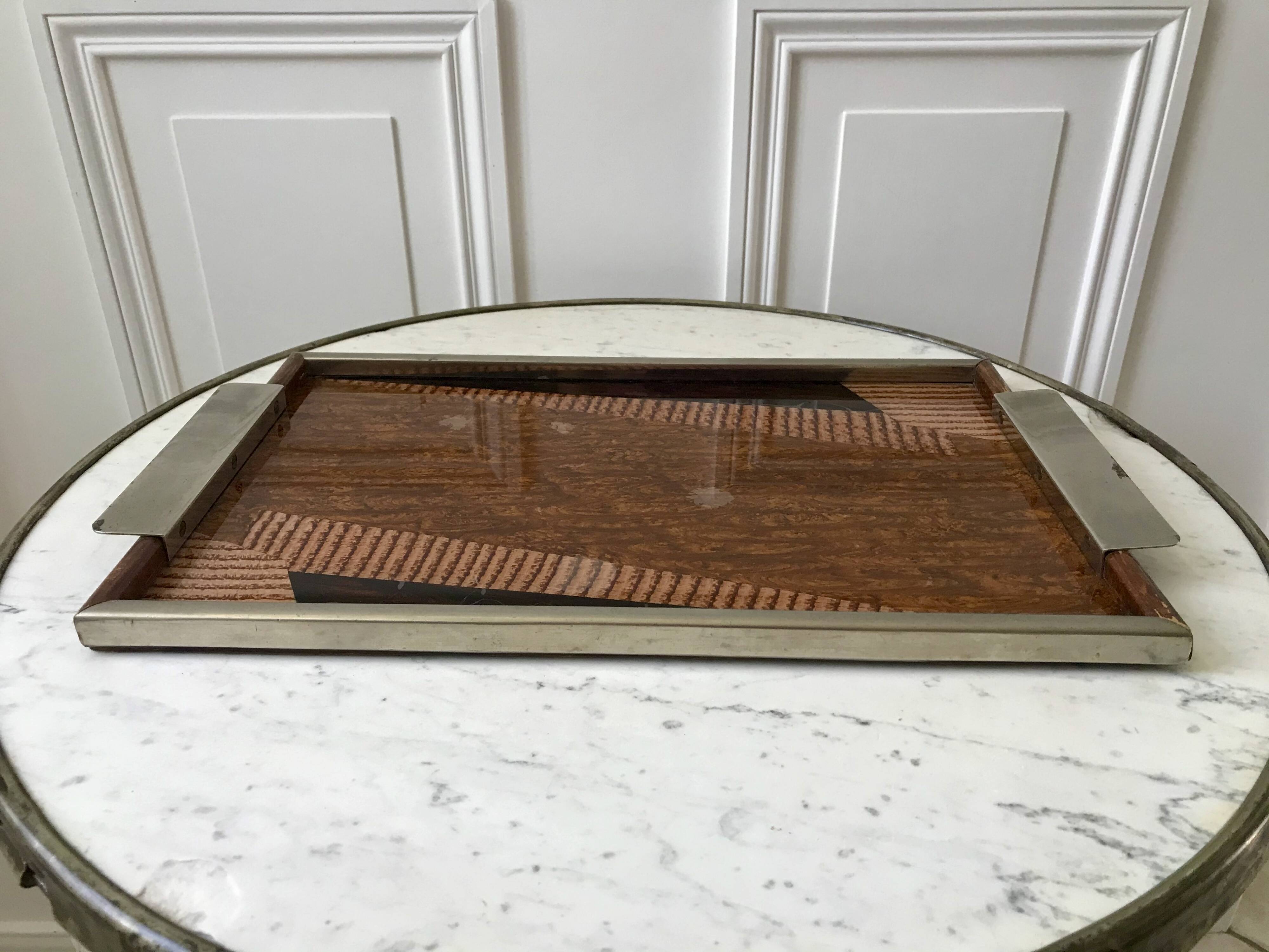 Plateau miroir en chrome, verre, bois et marqueterie années 60-70