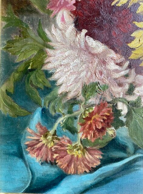 Ancient painting, dead nature with dahlias, signed, dated, late 19th century