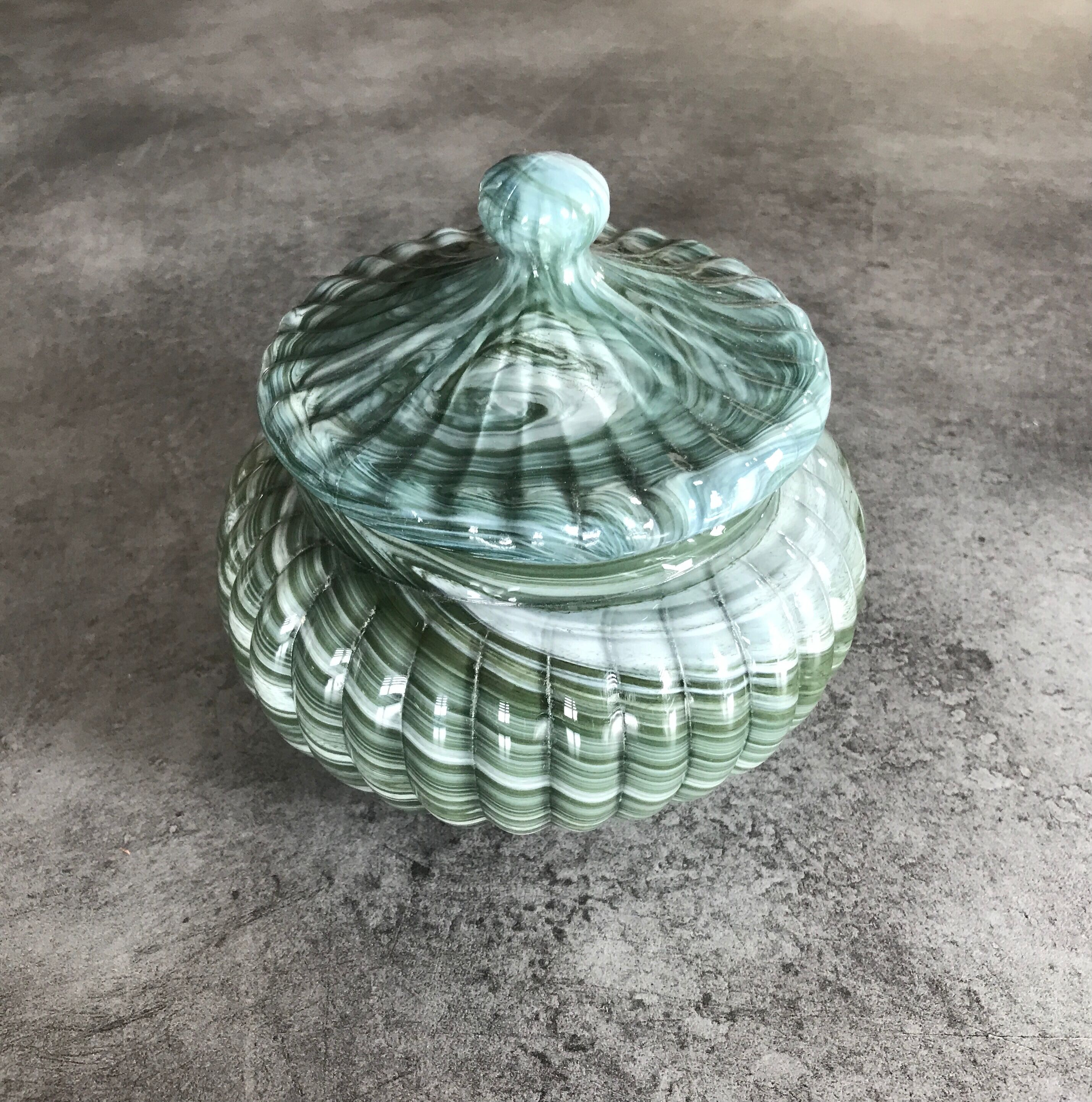 Old candy pot in glass molded effect green and white 12.5 cm