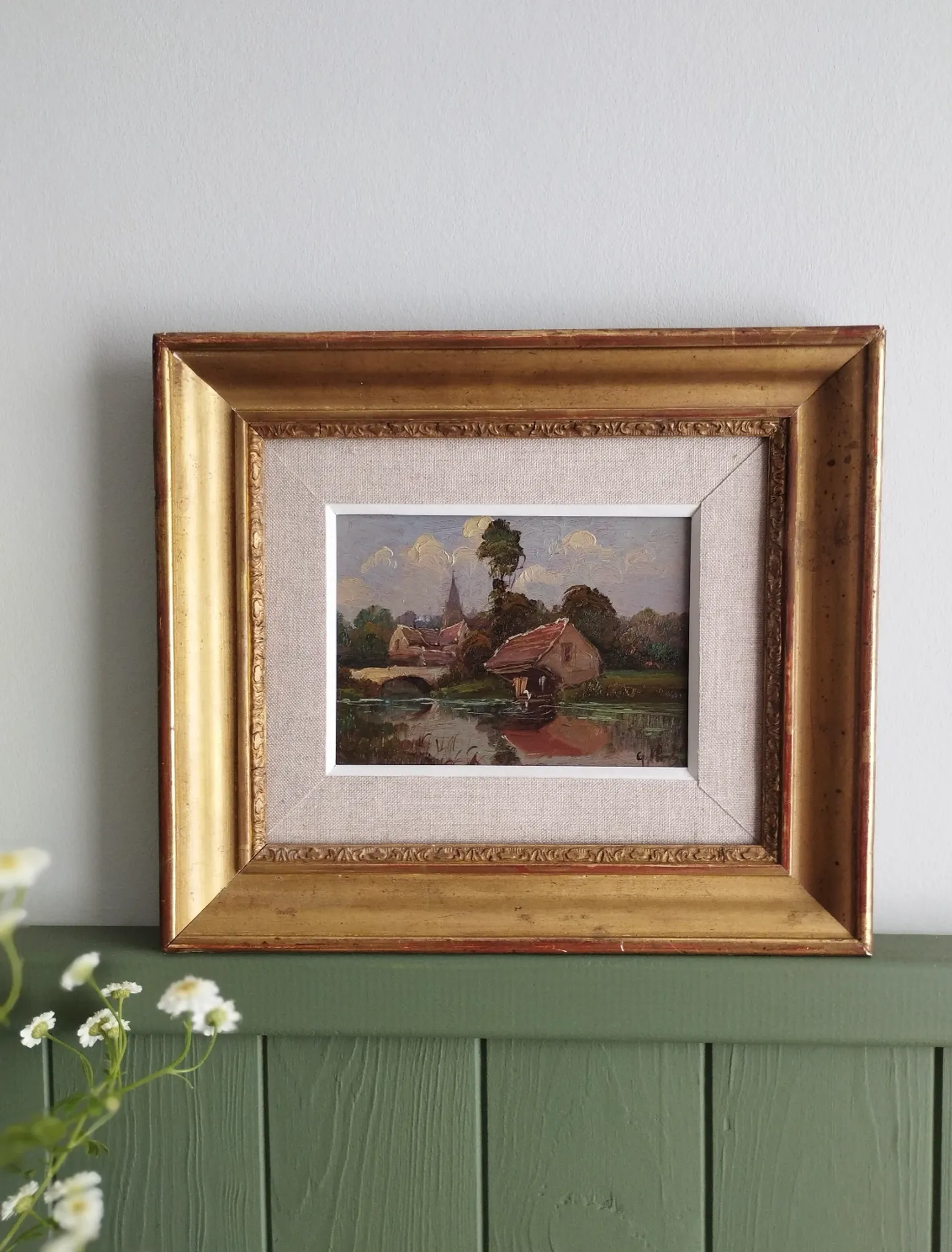 Washerwoman at the washhouse - Old oil painting signed Gilbert