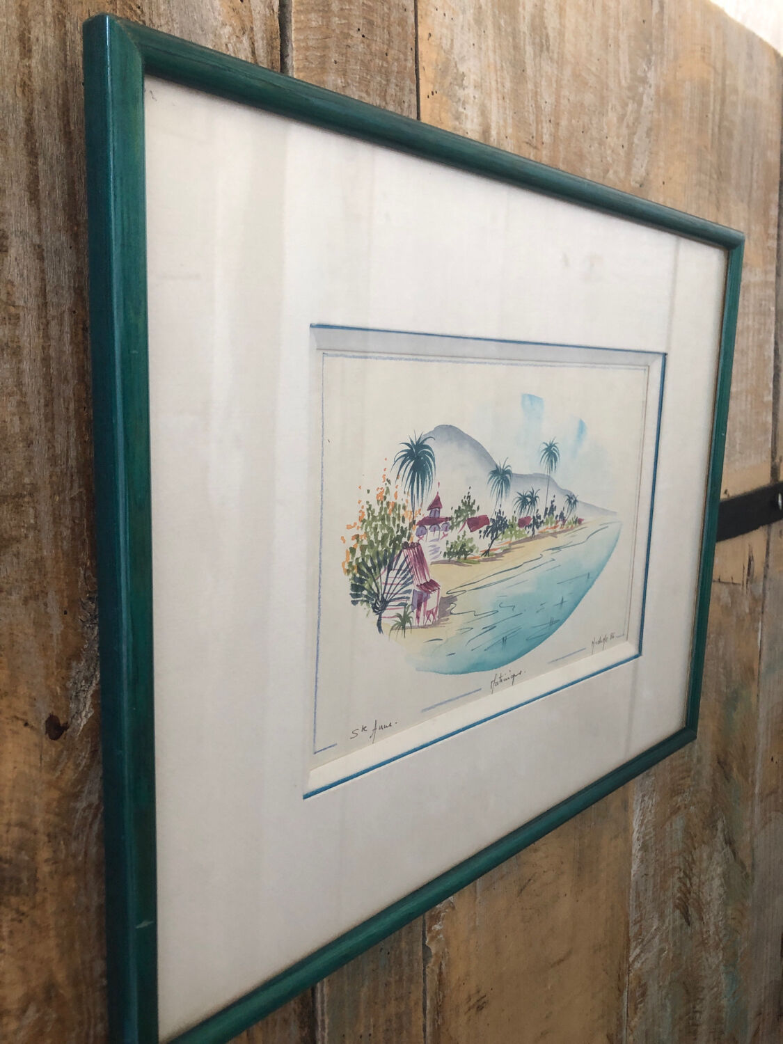 Watercolor painting nadine martinique st anne + wood frame #a224