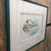 Watercolor painting nadine martinique st anne + wood frame #a224