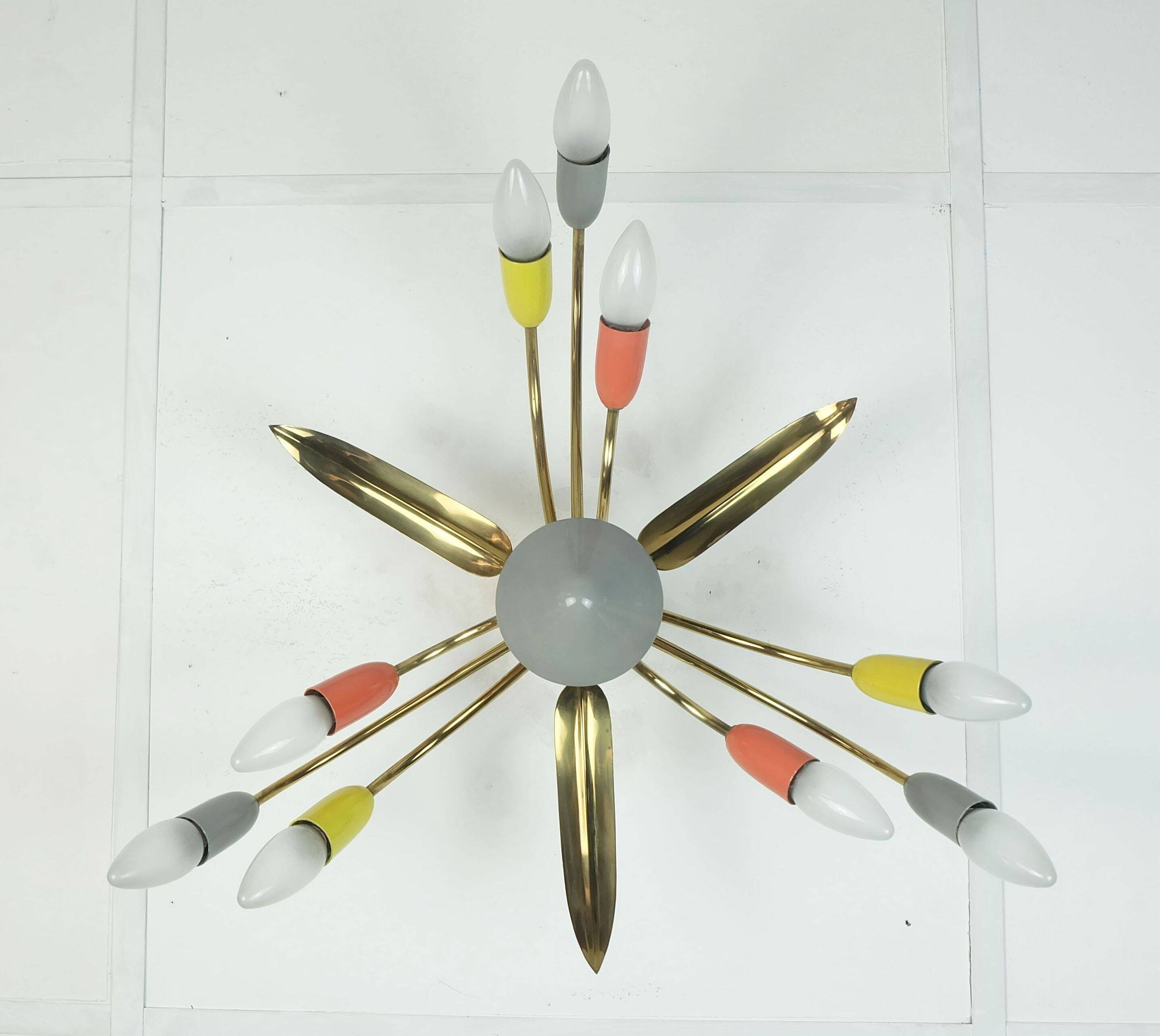 1950s mid century sputnik spider 9-light CEILING LAMP brass metal