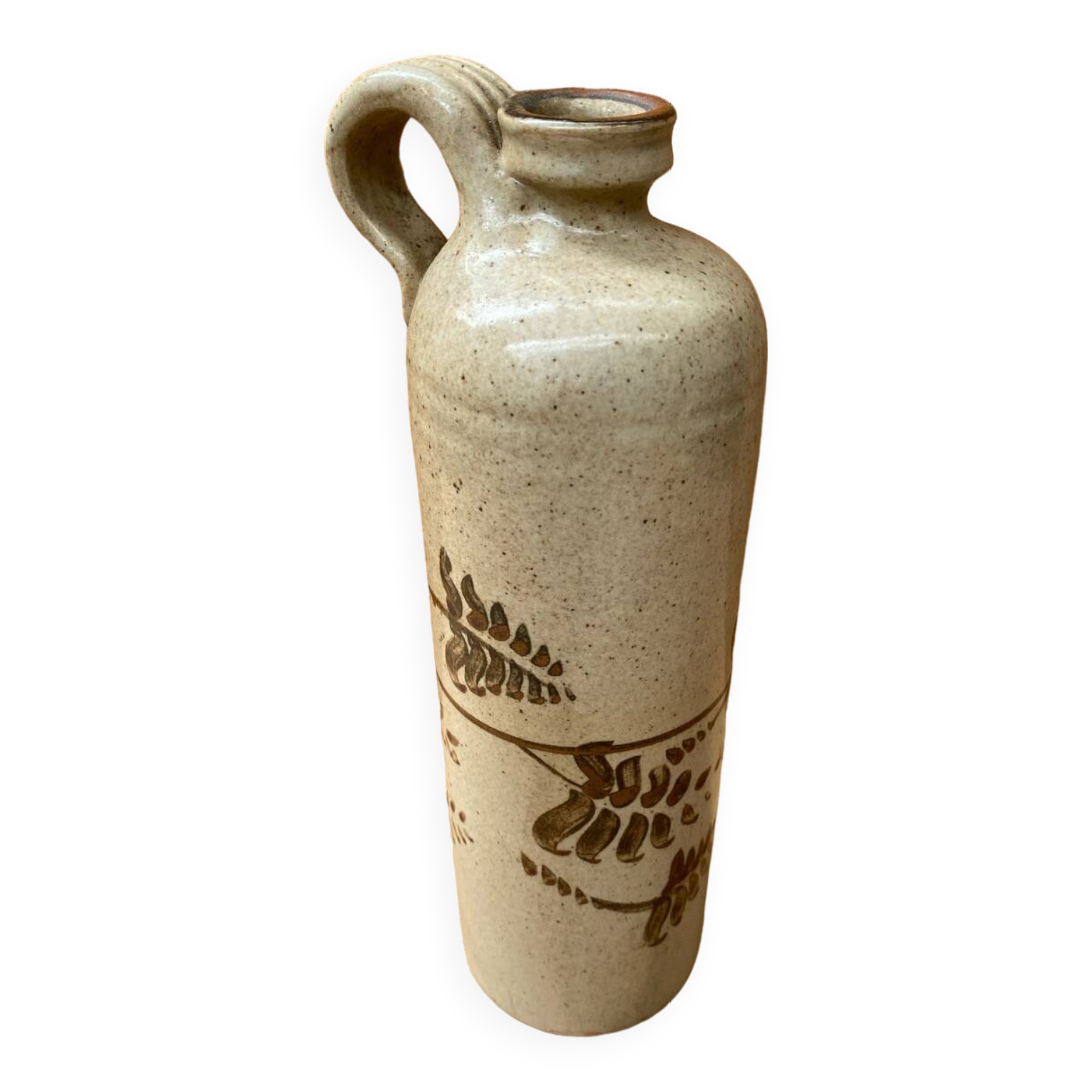 Antique beige enameled ceramic bottle vintage leaf decor