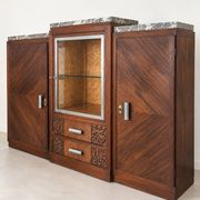 Art Deco buffet from the 1950s in veined wood, grey marble, and display cabinet.