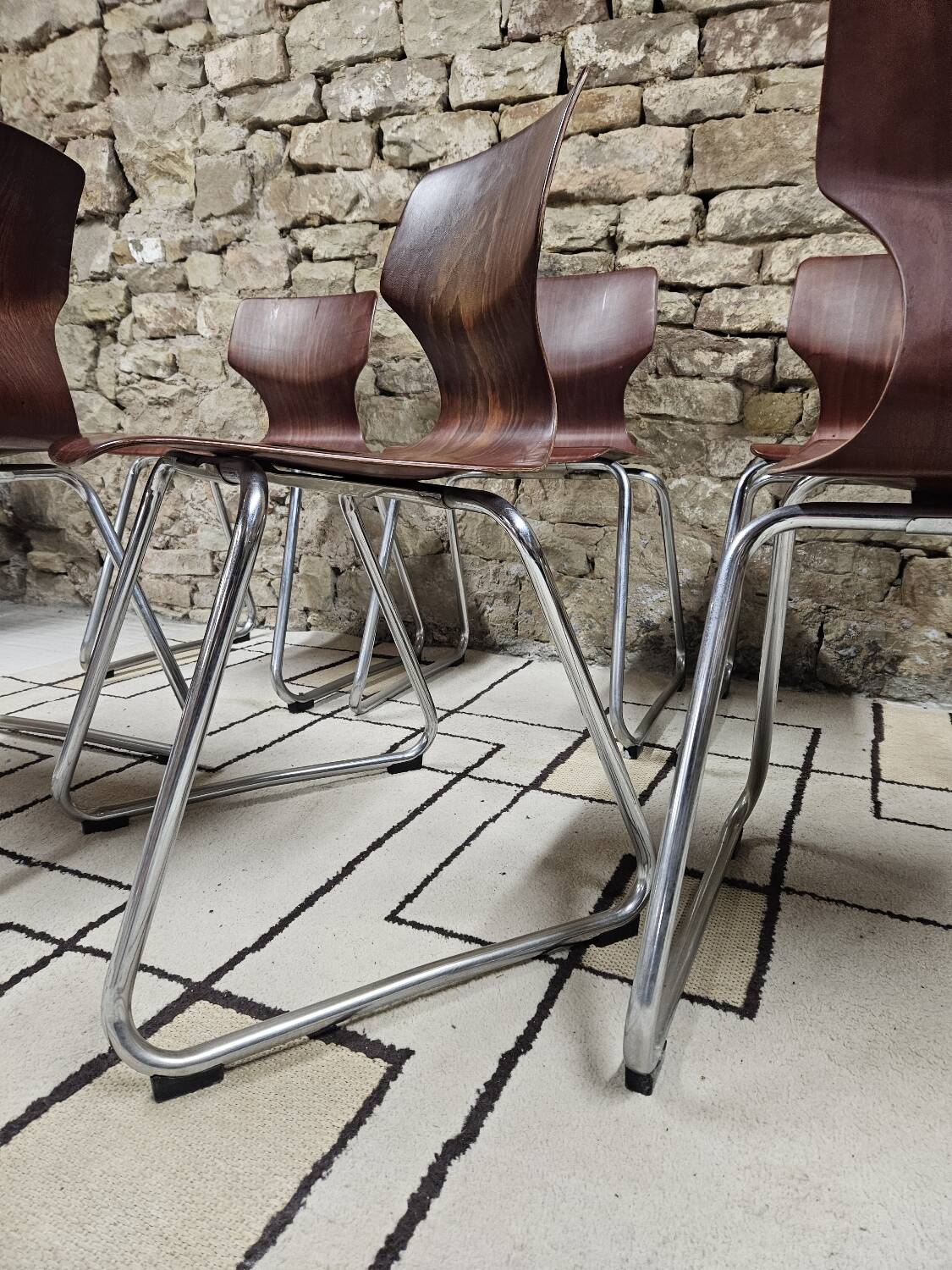 Set of 6 Flötotto pagwood stackable chairs 1960