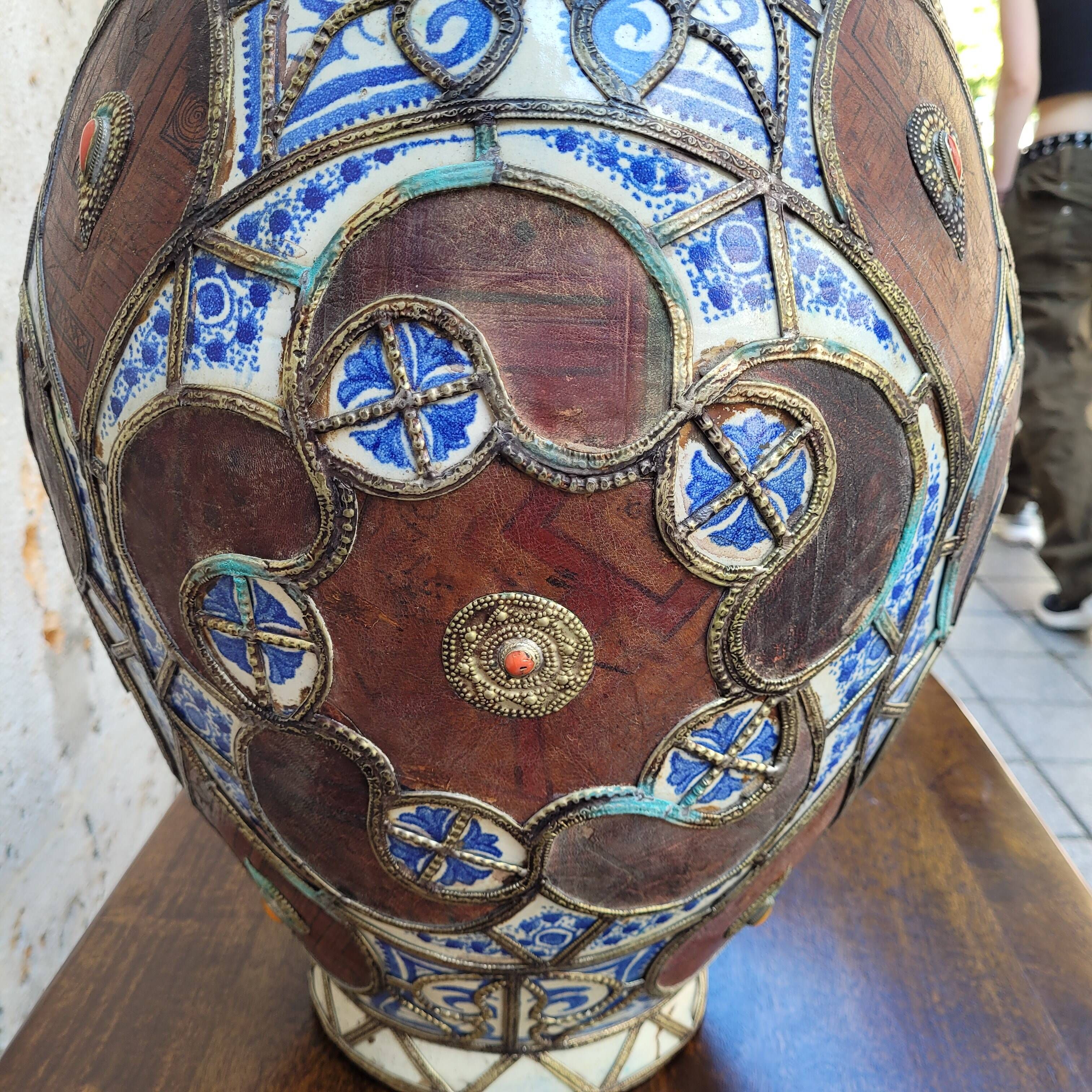 Filigree vase, ceramic, leather, enamel and metal, 19th century - Safi, Morocco
