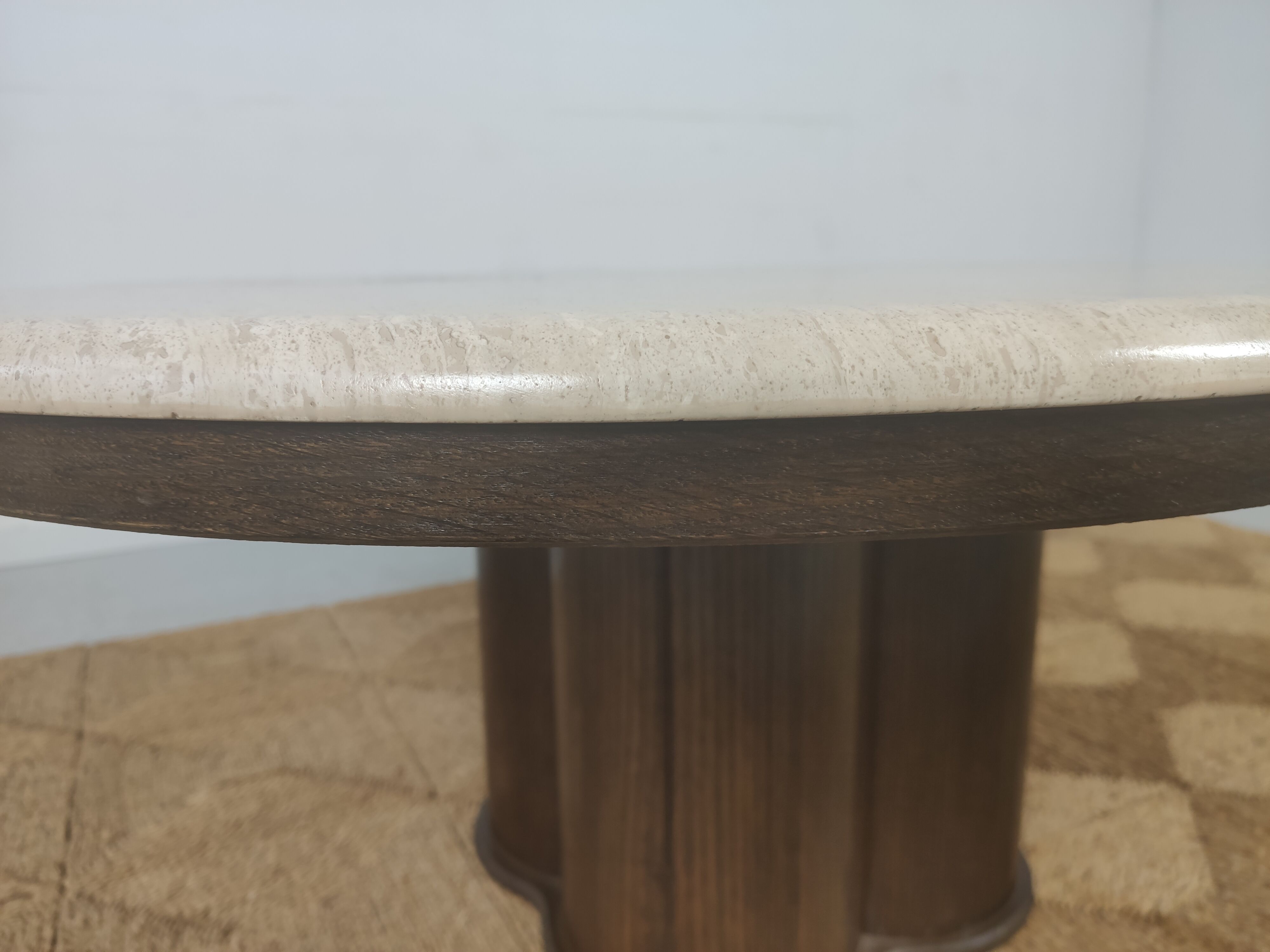 Coffee table in travertine and wood 80s