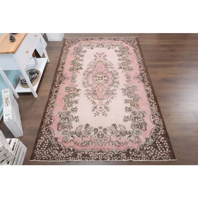 1970s Vintage Turkish Oushak Handmade Wool Cotton Pink Area Rug 173x293