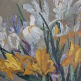 Oil painting on canvas bouquet of iris signed and side