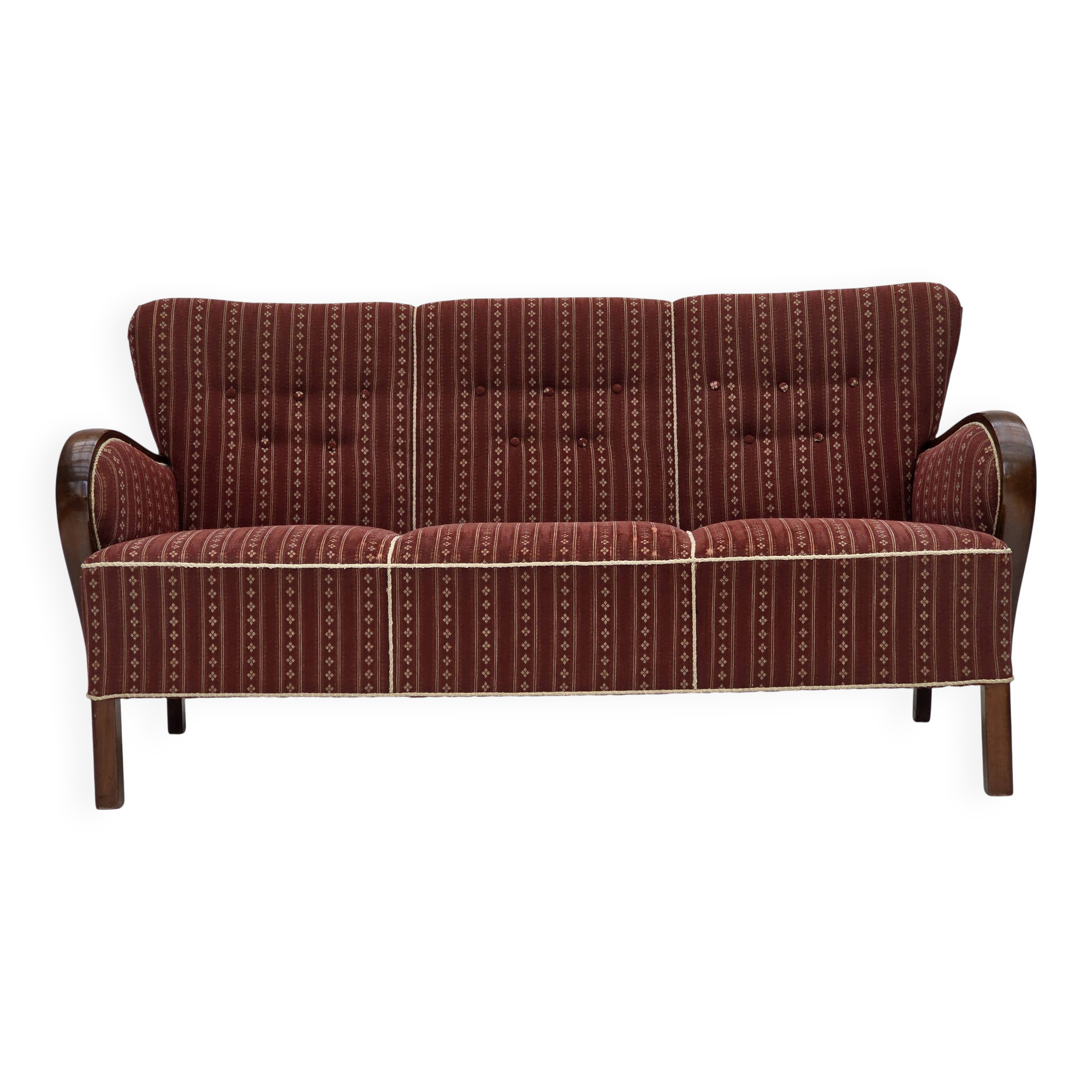 1960s, Danish 3-seater sofa, red furniture wool, beech wood.