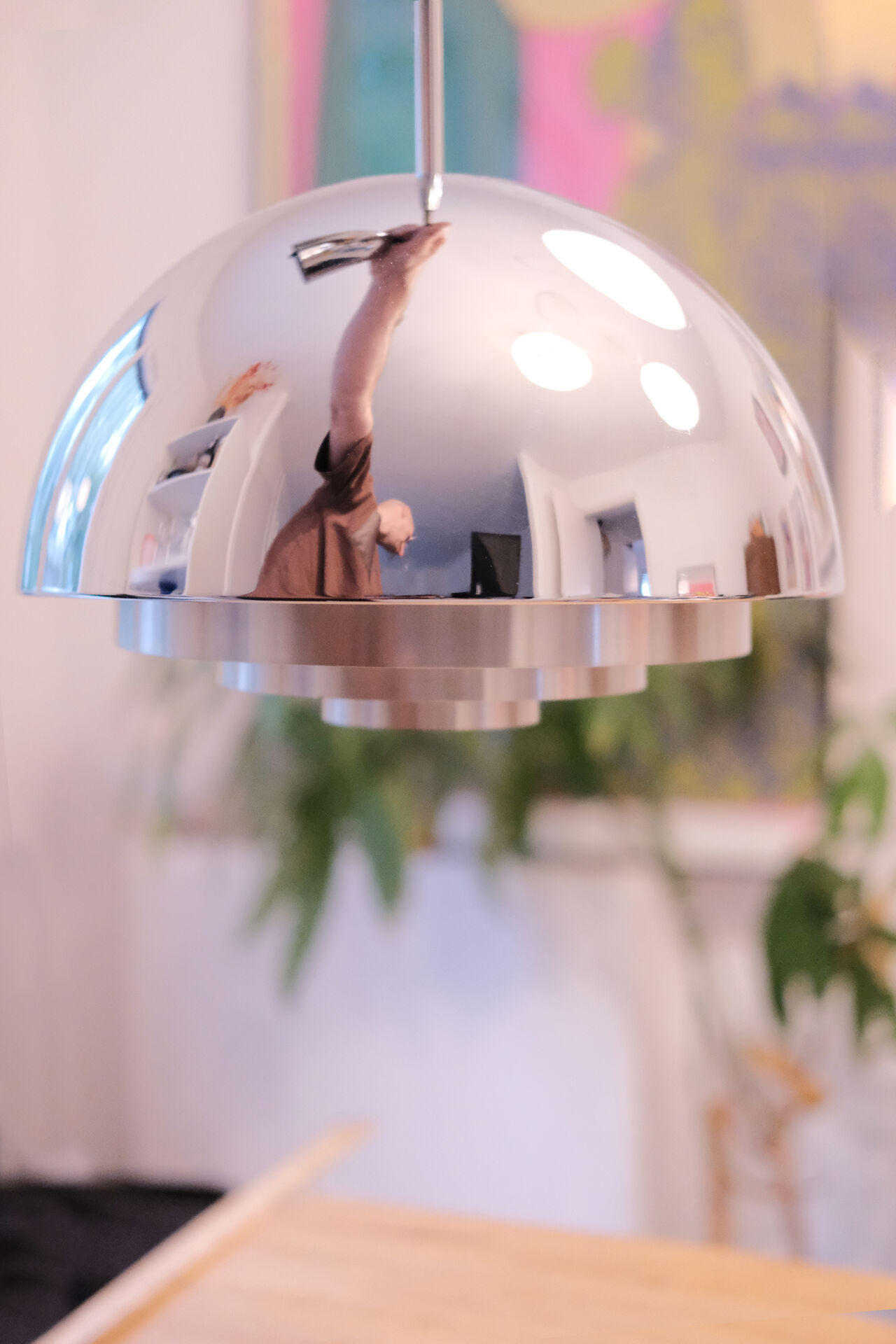 Vintage chrome dome suspension light, space age 70s, concentric rings bla.