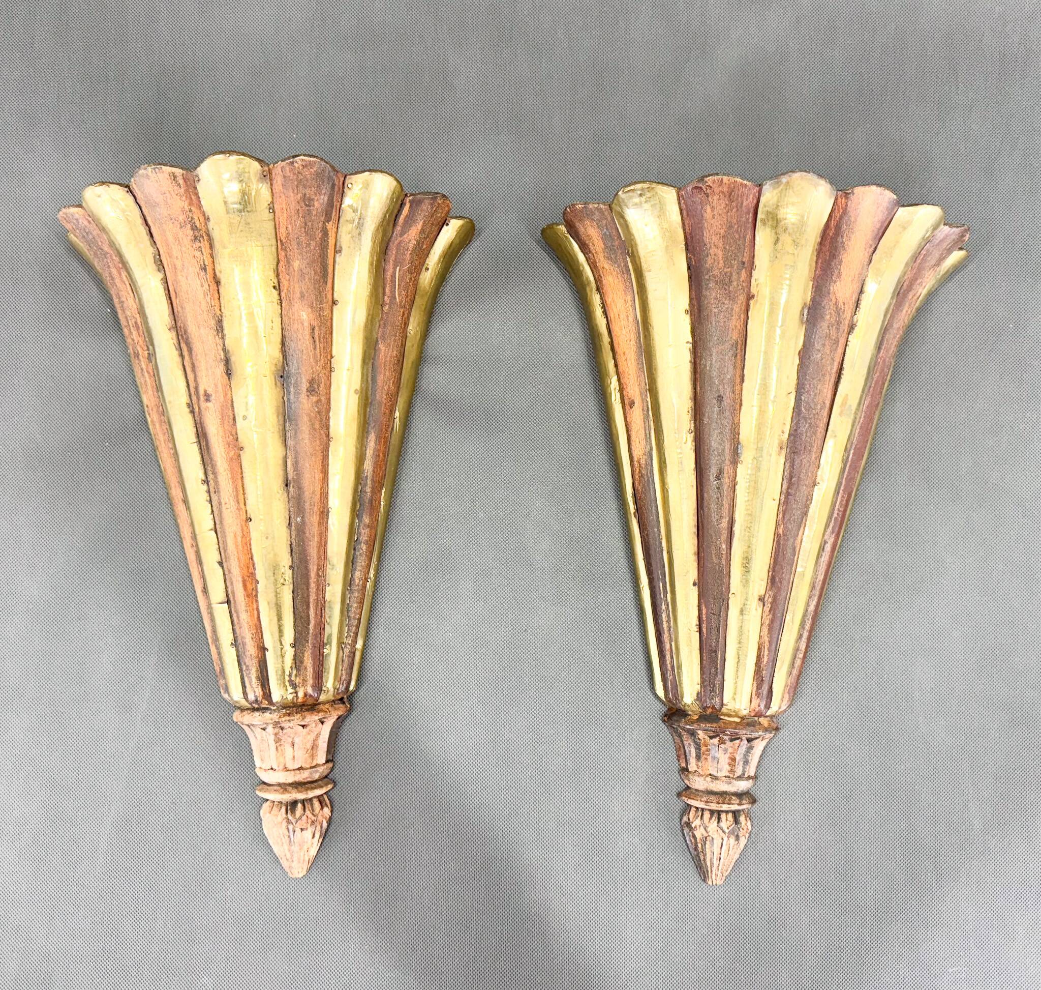 Antique Wood & Brass Wall Lights, France