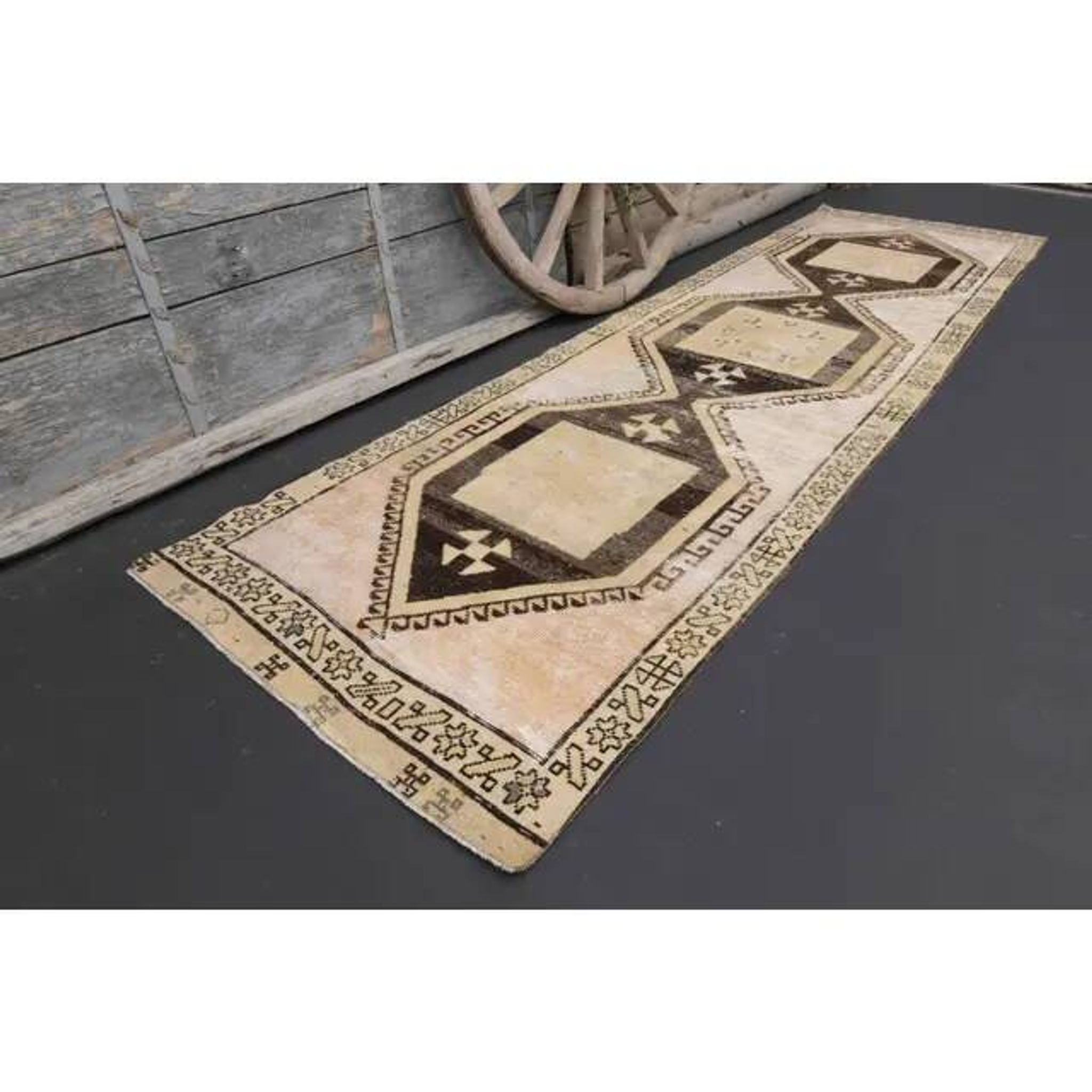 1970s Vintage Turkish Hand-Knotted Wool Cotton Beige Runner Rug  103x374