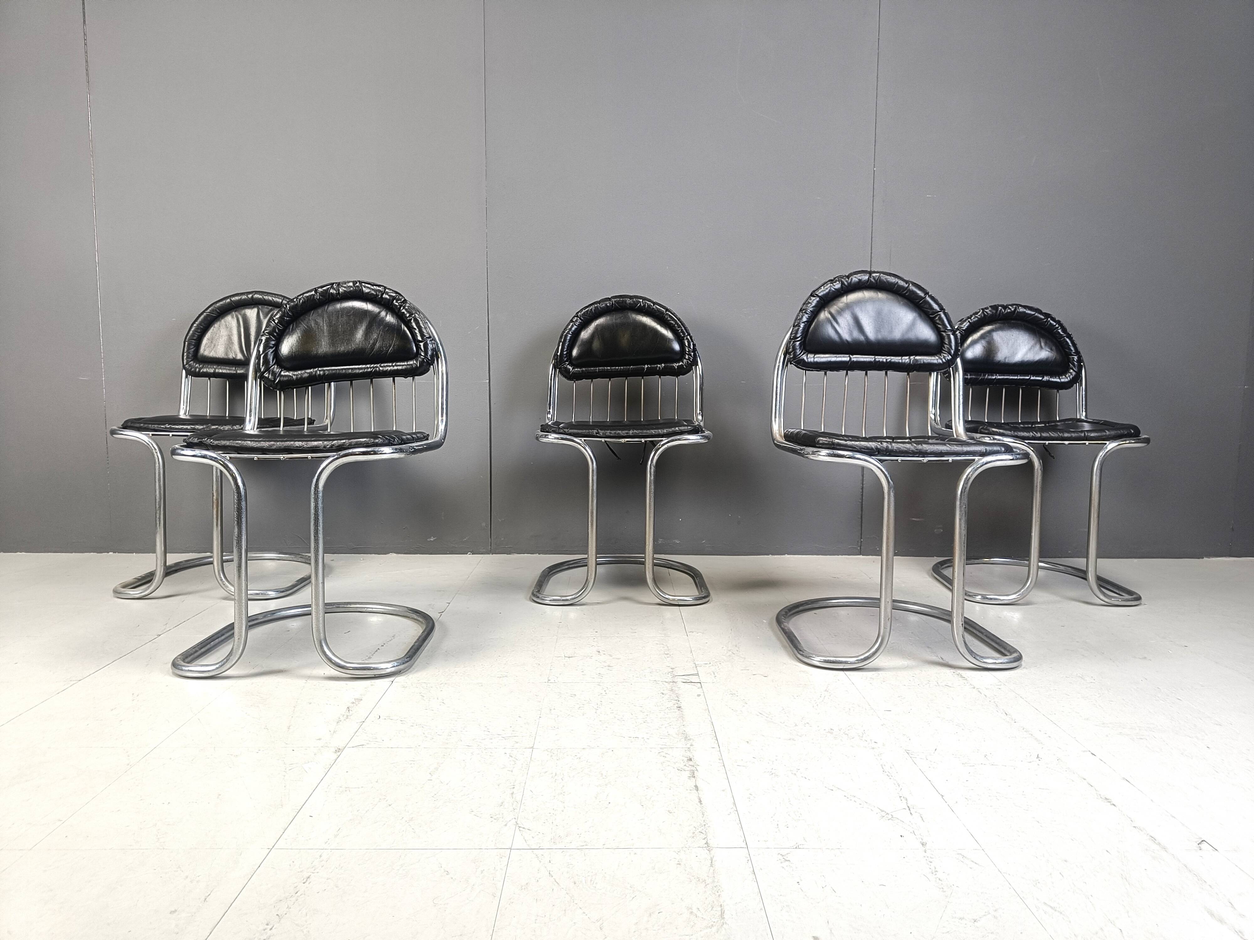 Vintage Chrome and Leather Cantilever Dining Chairs, 1970s