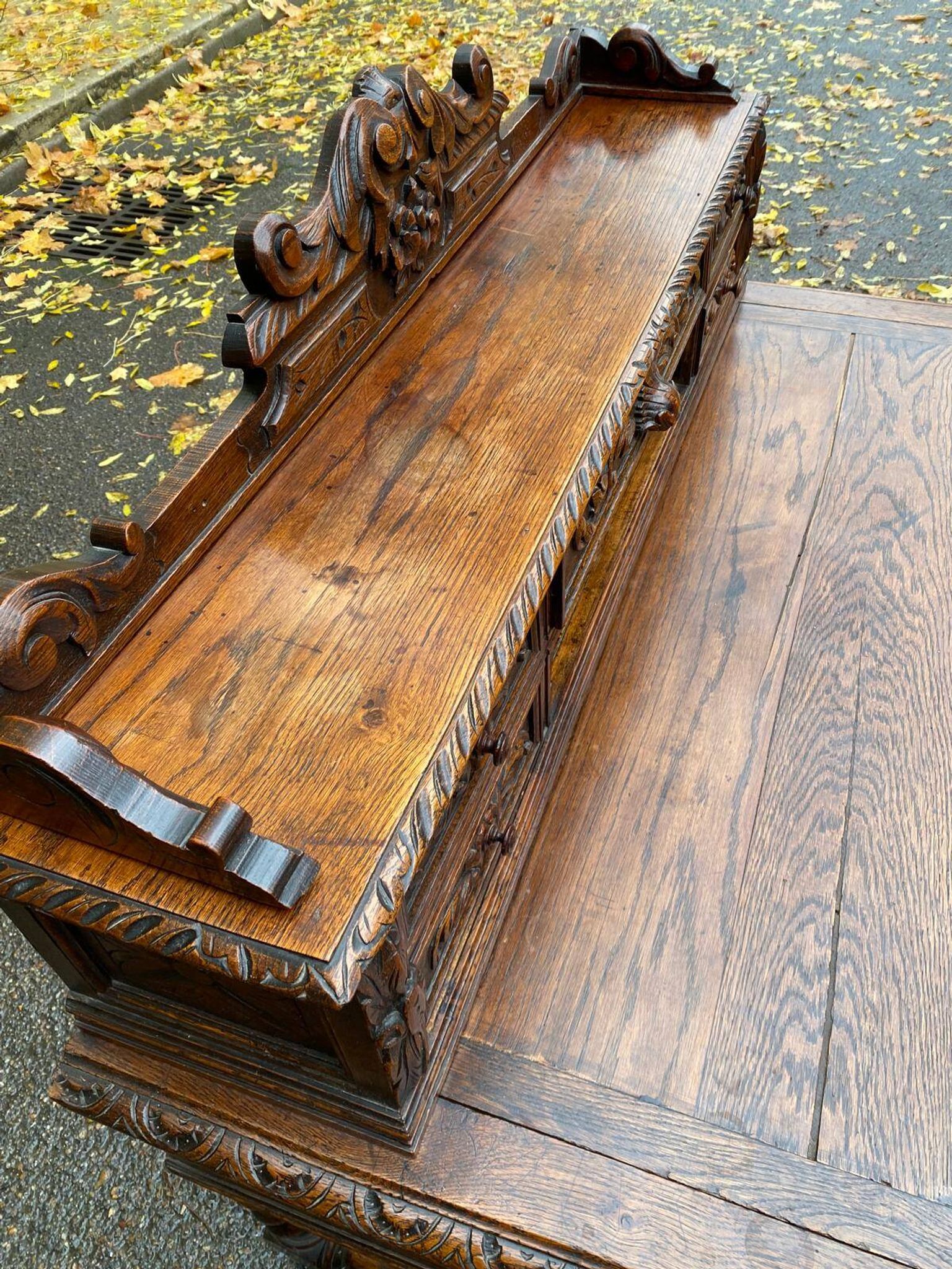 19th-century Renaissance carved oak desk with chair