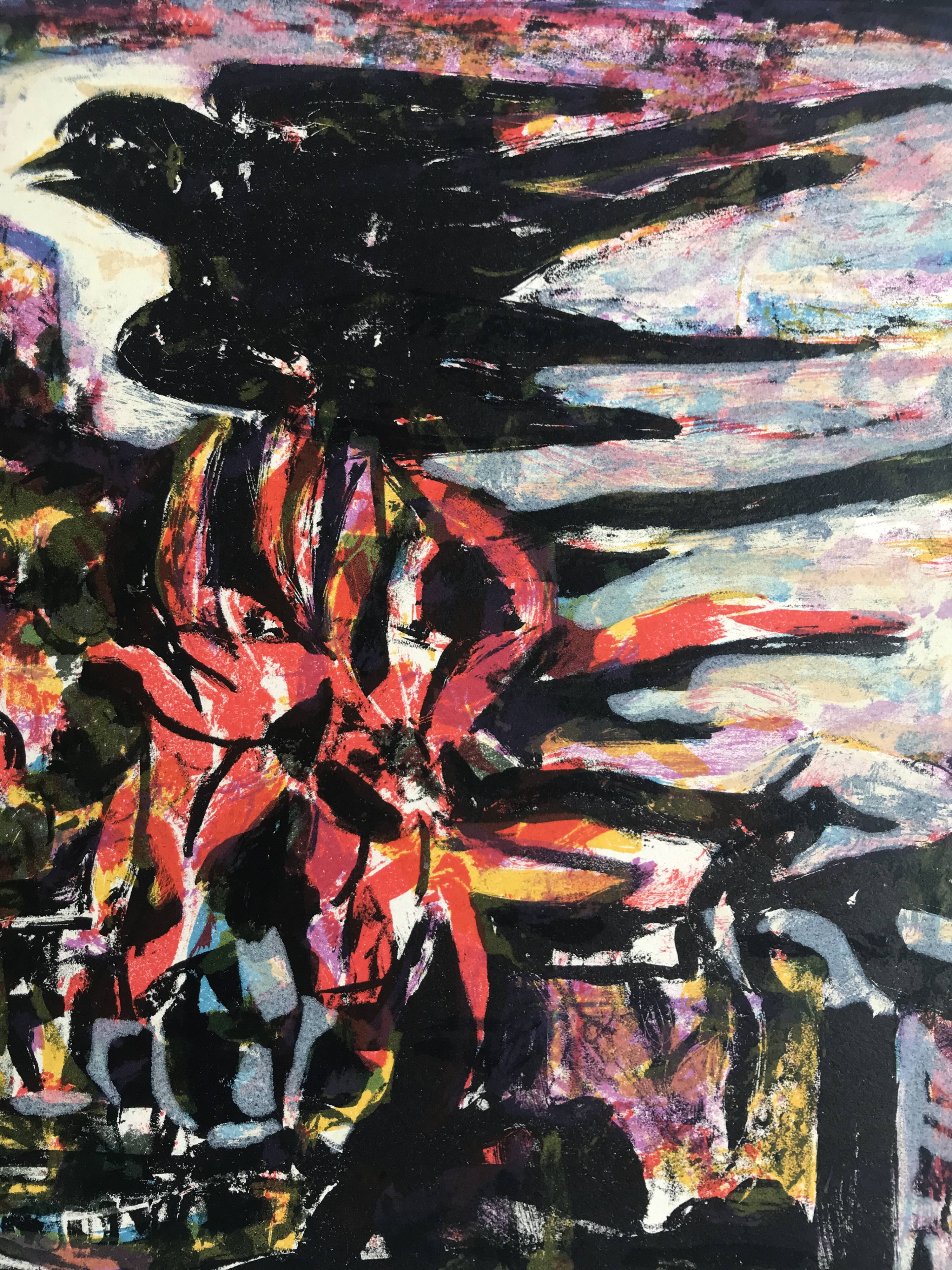 Yvette alde, flowers and birds, c 1950. lithograph signed in pencil