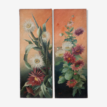 Pair of painting naturalist painting signed Louise, Art Nouveau, floral painting, wall decoration
