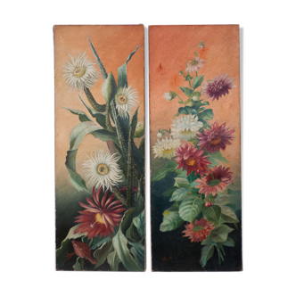 Pair of painting naturalist painting signed Louise, Art Nouveau, floral painting, wall decoration