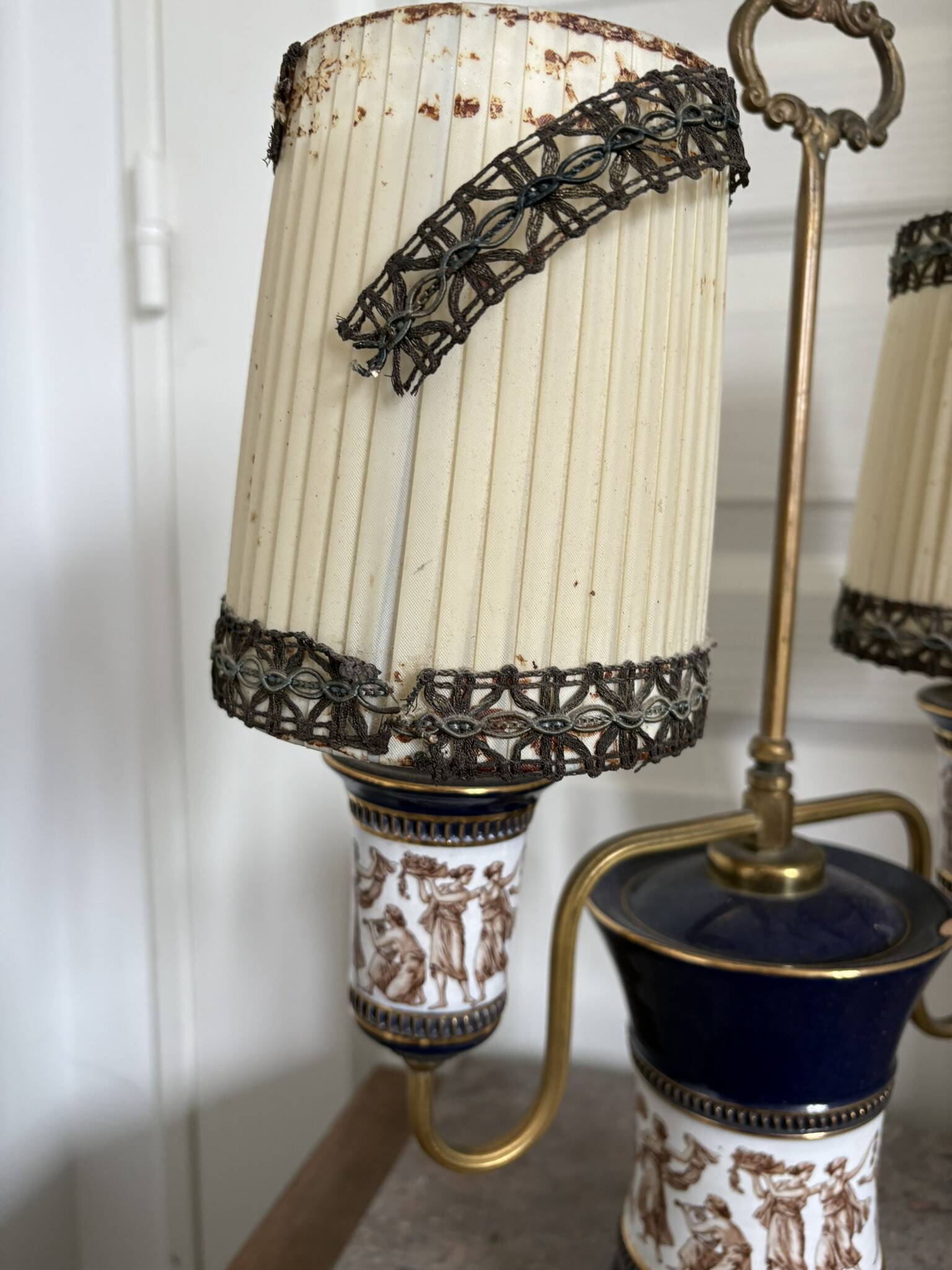 Antique Florentine Table Lamp Italian Blue Porcelain Ceramic