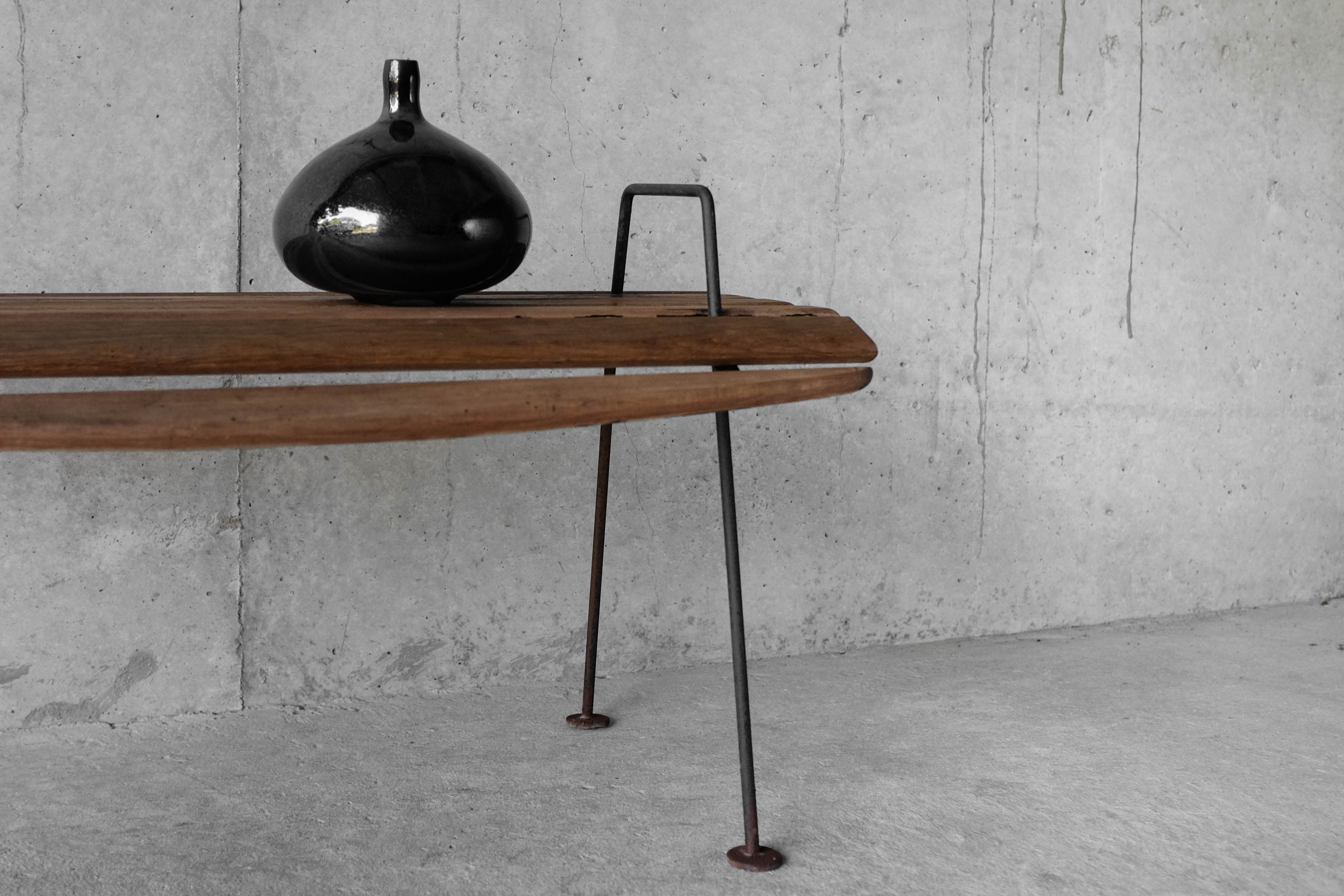Stool with minimalist wood and metal slats