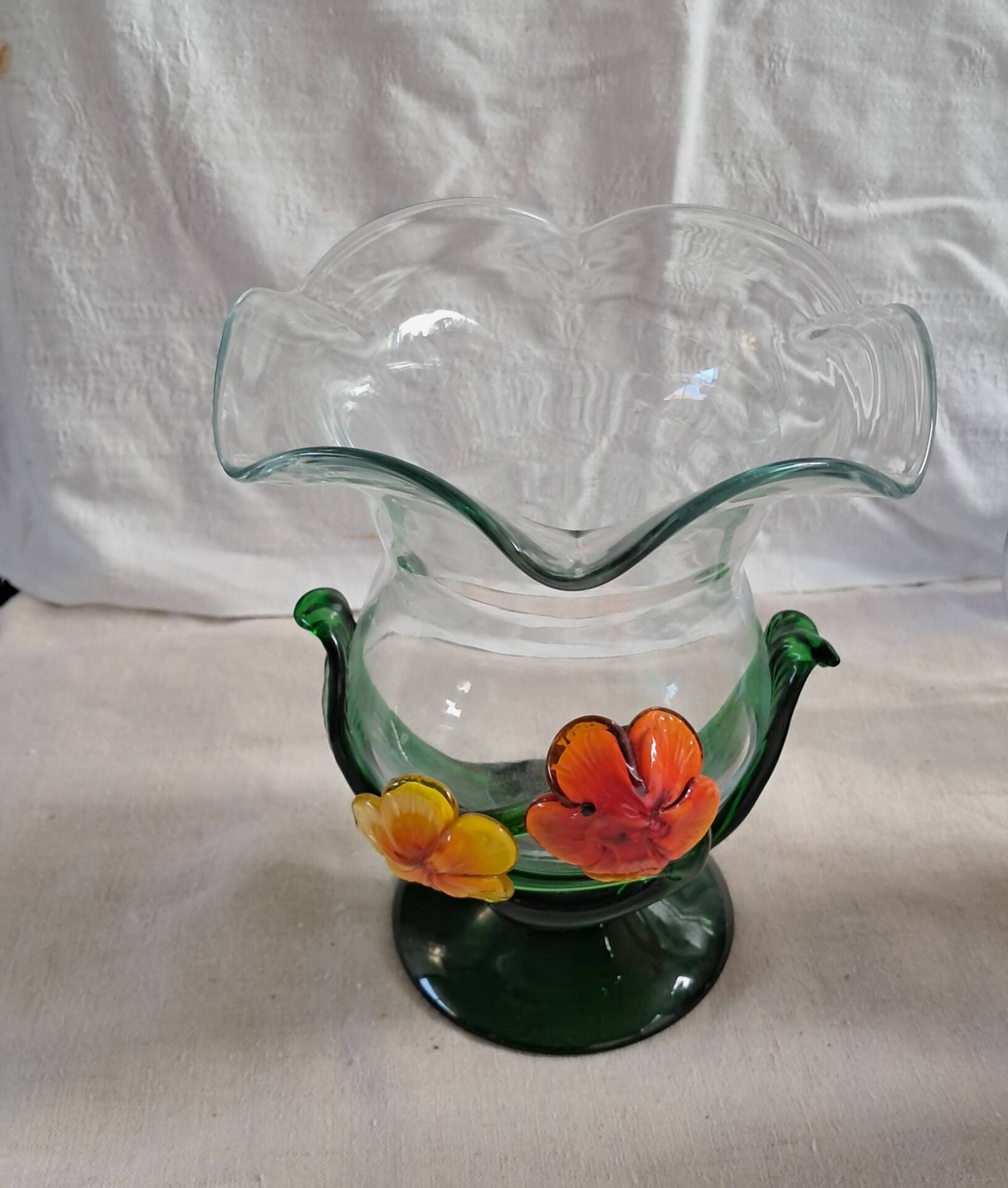 Vintage corolla vase in blown glass with applied flowers – Mura style