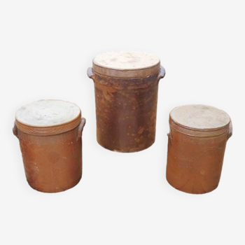 3 Old Grease Pots with Lids in Brown Glazed Stoneware