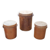 3 Old Grease Pots with Lids in Brown Glazed Stoneware