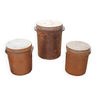 3 Old Grease Pots with Lids in Brown Glazed Stoneware