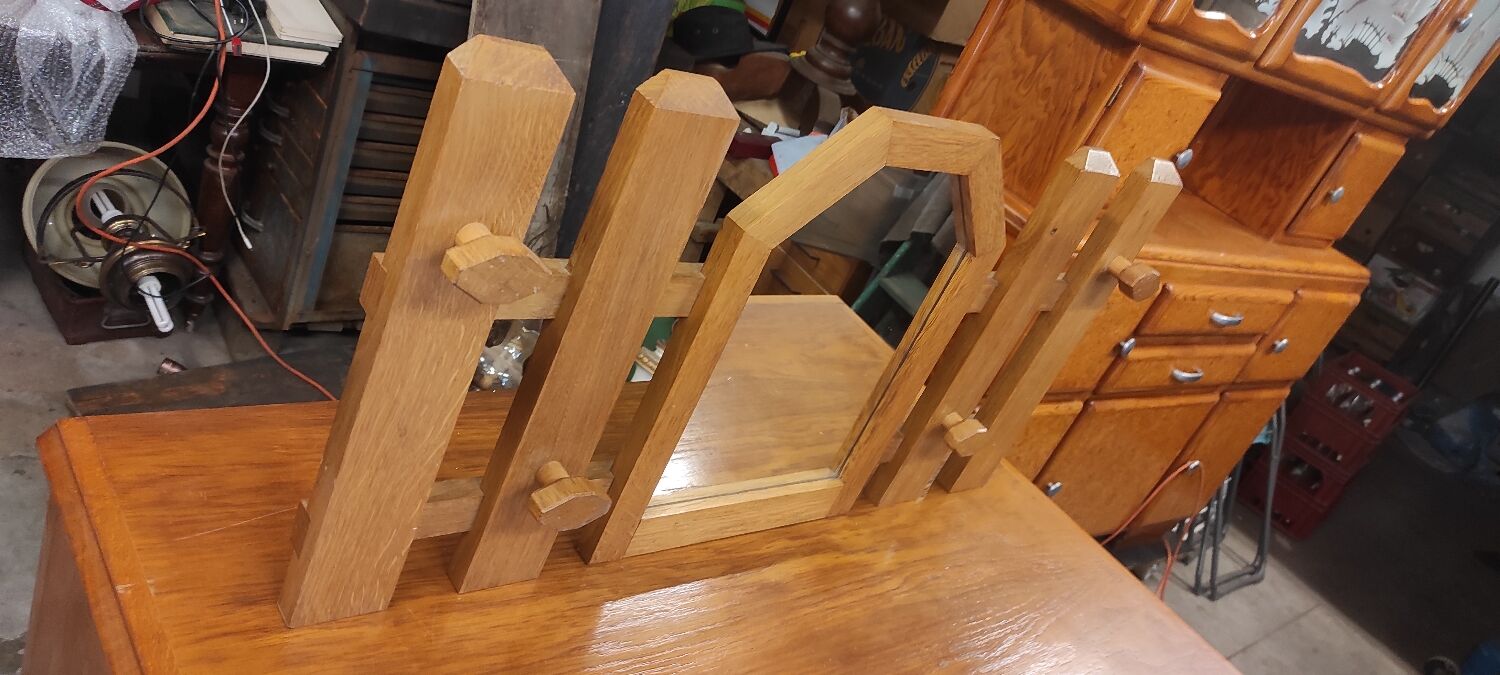 Vintage wooden coat rack with modernist design mirror 4 hooks