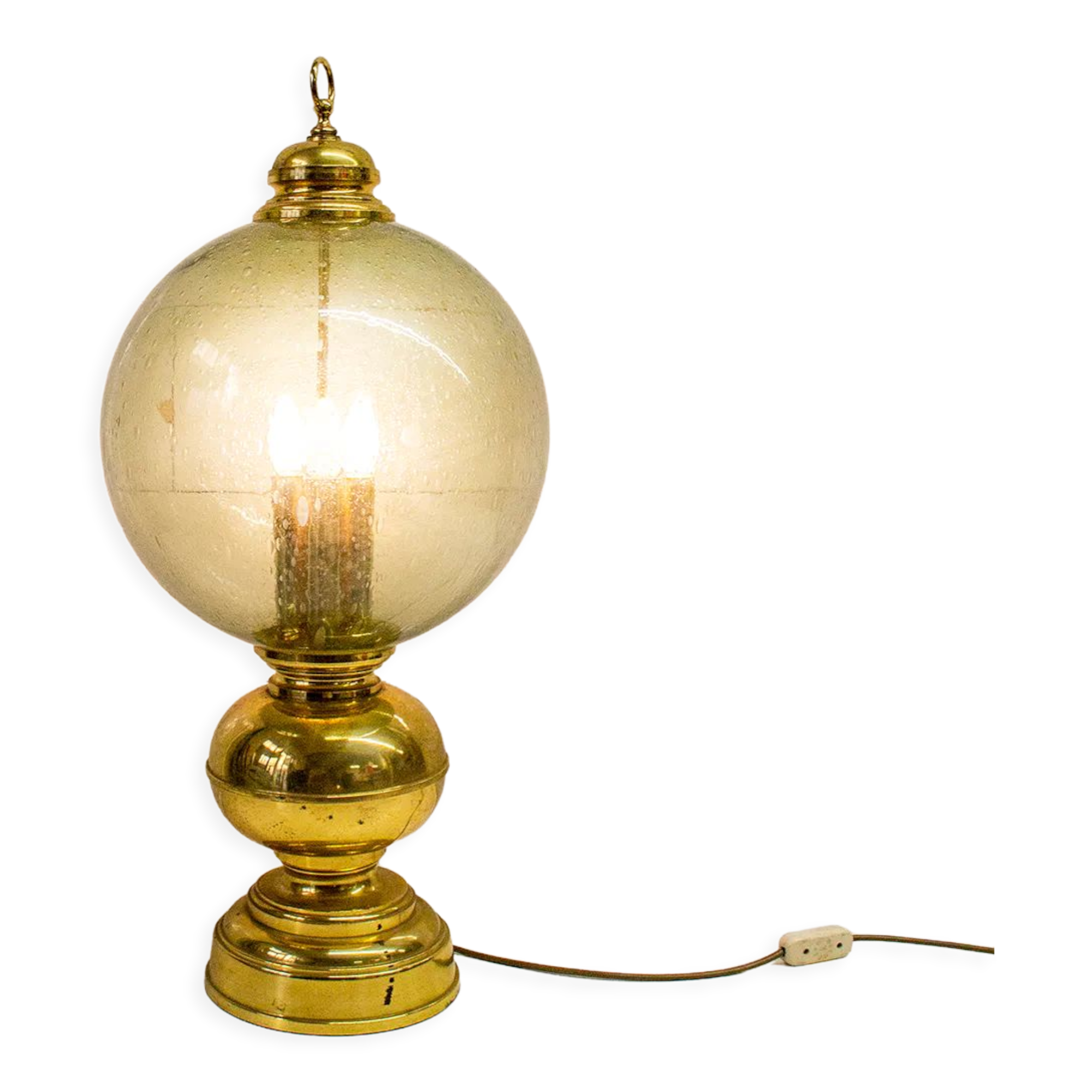 Table lamp in brass and blown glass, Caccia Dominioni style 60s