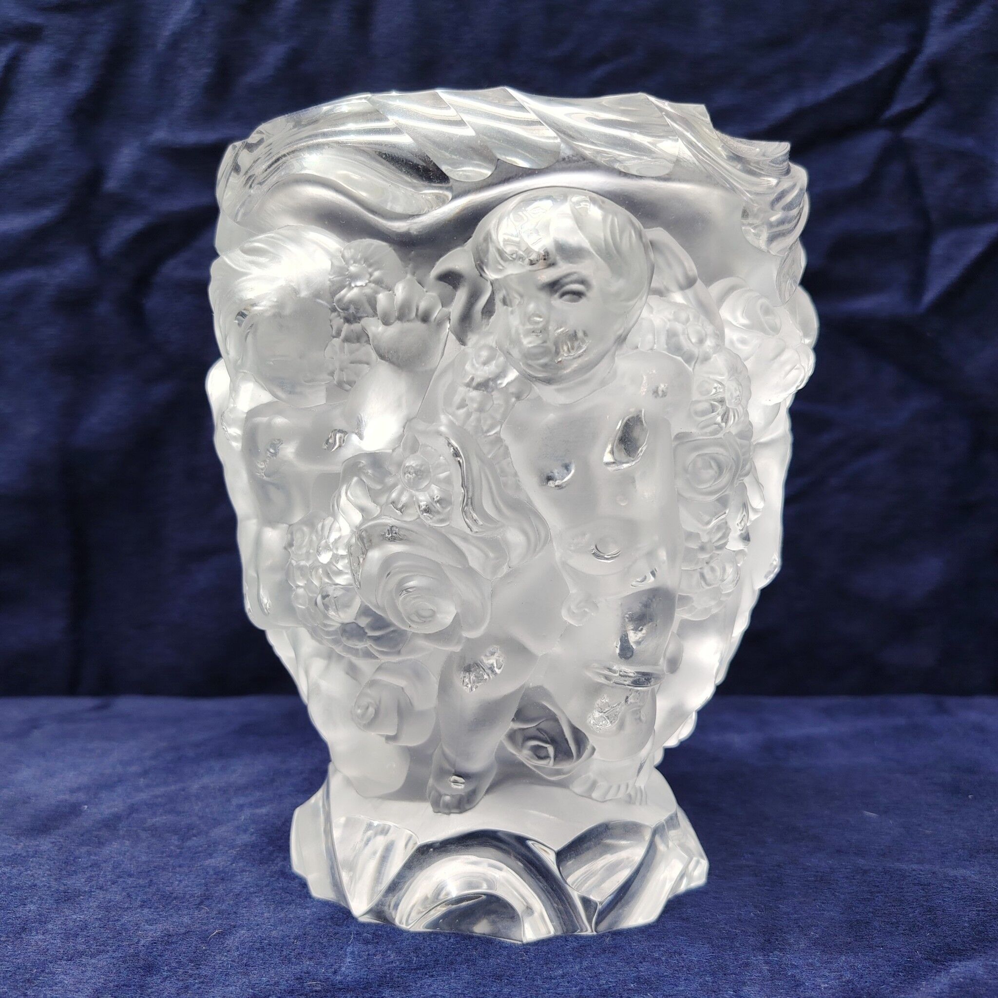 Frosted glass vase, decorated with cherubs and flowers, vintage.