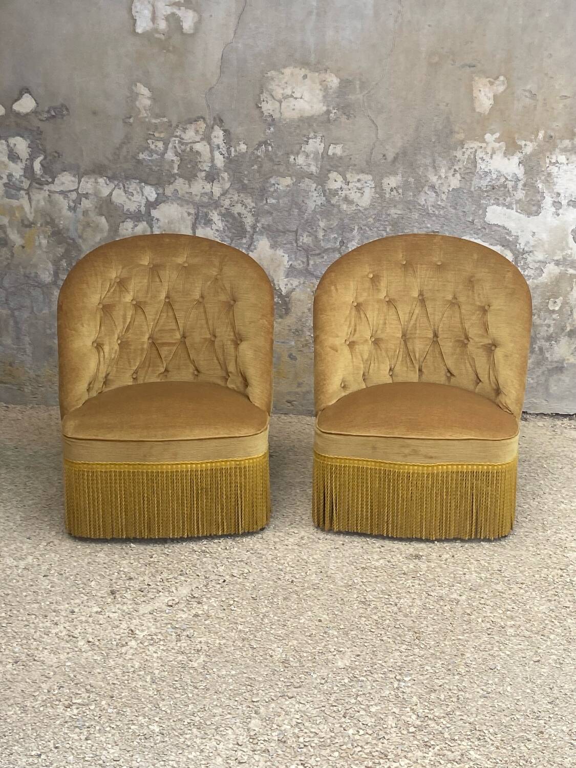 Pair of vintage toad armchairs in golden yellow velvet