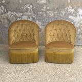 Pair of vintage toad armchairs in golden yellow velvet