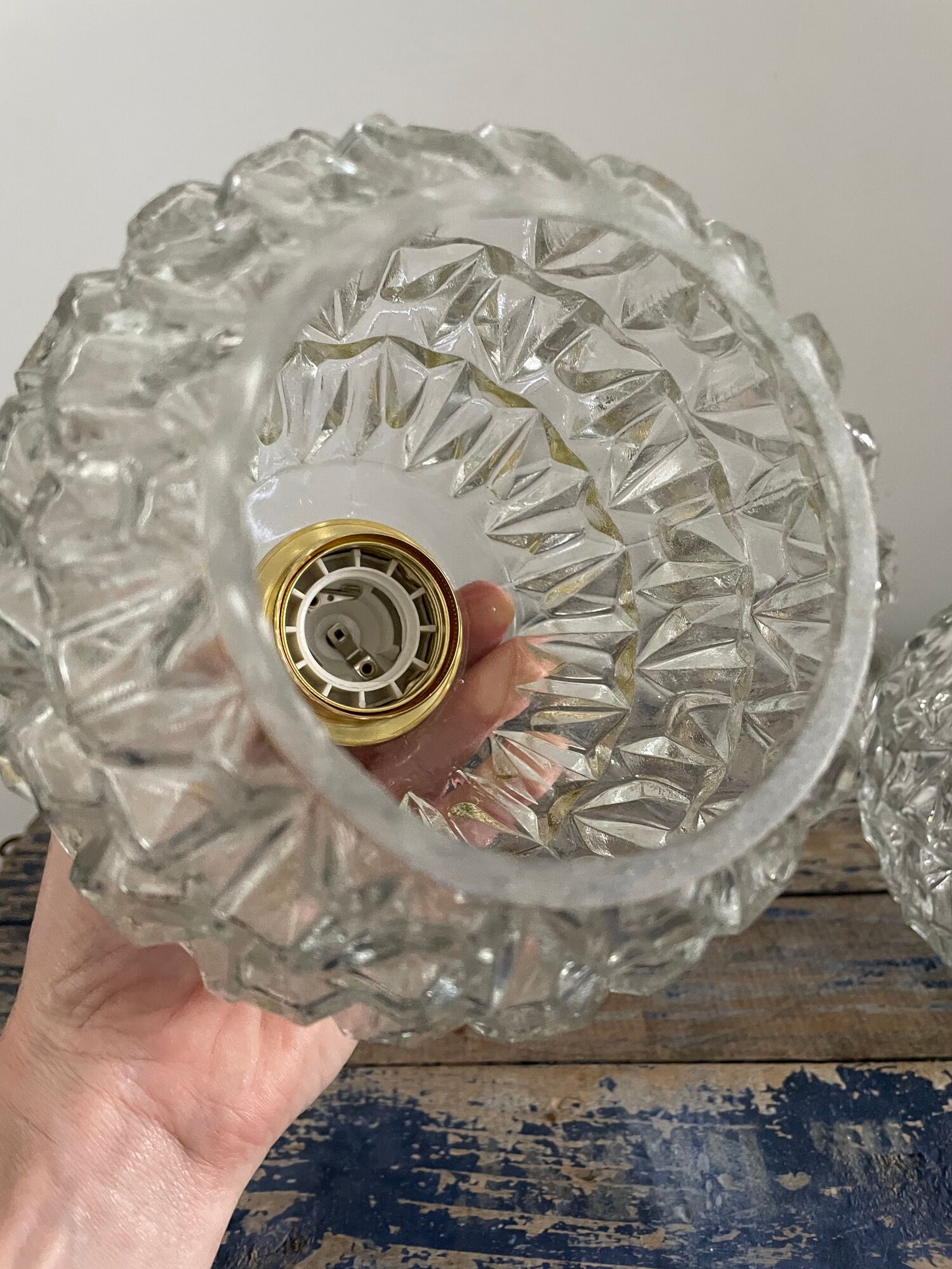 Set of two vintage electrified glass pendant lamps