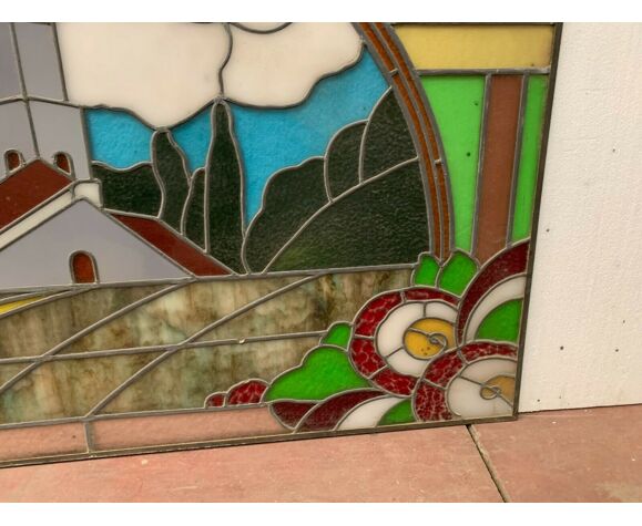 Art Deco Stained Glass Window Decorated With A th Century Church Steeple Selency Art Deco Stained Glass Window Decorated With A th Century Church Steeple Selency