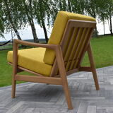 Scandinavian armchair, yellow fabric, natural wood