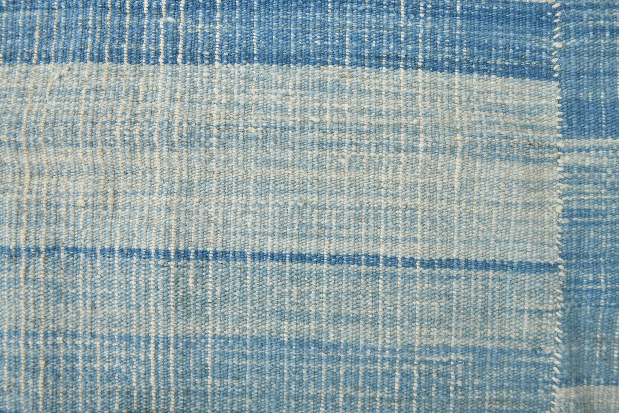 5x9 Blue & Beige Modern Kilim Rug, 147x288Cm