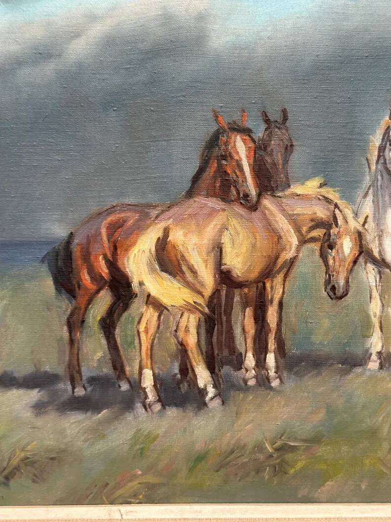 Original Swedish Oil on Canvas – “Horses” – Signed – Vintage & Framed – 59.5 × 49.5 cm