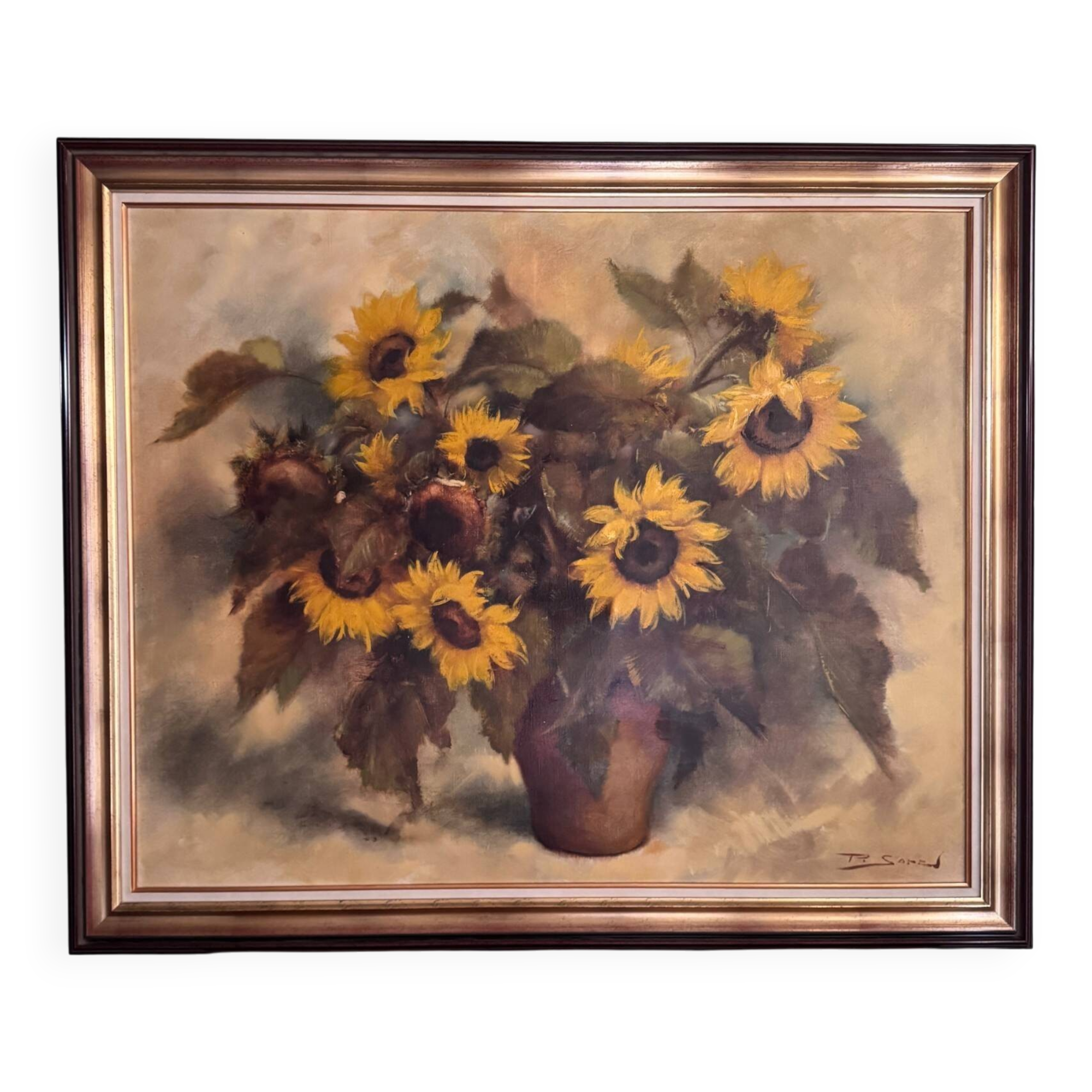 Oil on canvas still life with sunflowers by P. Sorrol 20th century