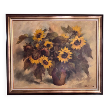 Oil on canvas still life with sunflowers by P. Sorrol 20th century