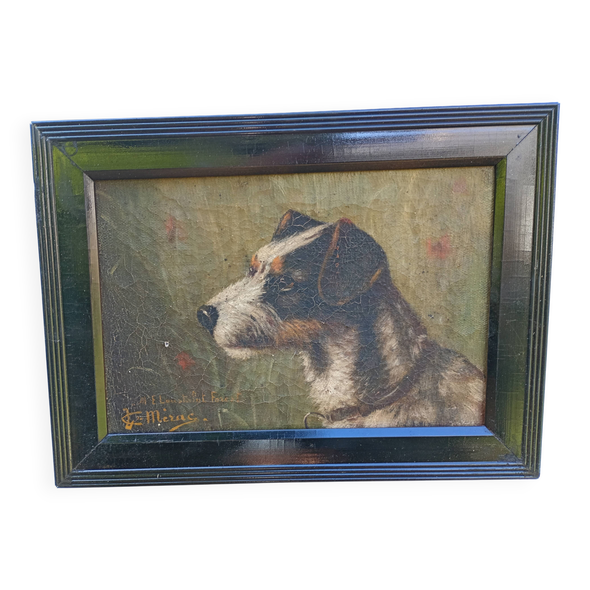 Ancient oil on canvas portrait of a Fox Terrier dog signed – Painting an