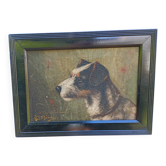 Ancien portrait de chien Fox Terrier à l'huile sur toile signé, vers 1890-1910