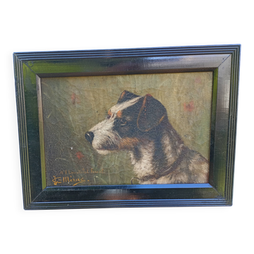 Old oil on canvas portrait of a Fox Terrier dog, signed, circa 1890-1910.