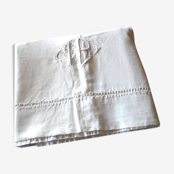 Draps vintage en coton brodé monogramme IB ajouré