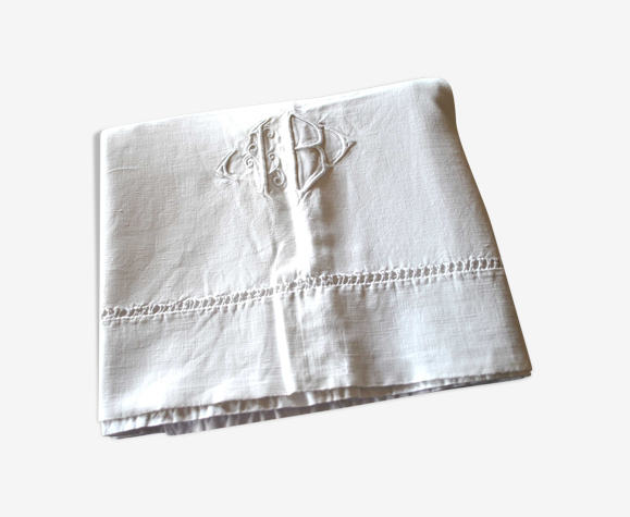 Draps vintage en coton brodé monogramme IB ajouré