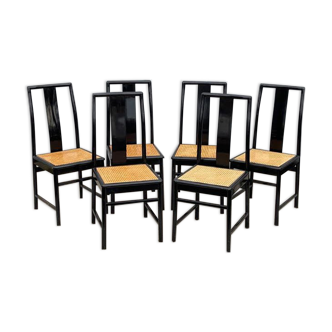 6 chairs canned in black lacquered wood