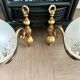 Pair of vintage wall sconces in brass and frosted engraved glass.